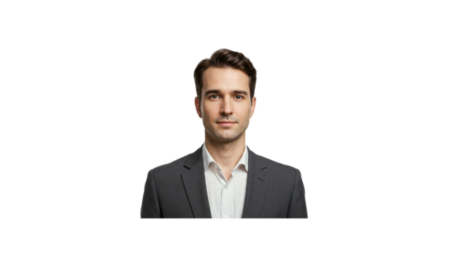 Professional headshot of a businessman in suit for corporate website and linkedin profile picture design ideas on transparent background