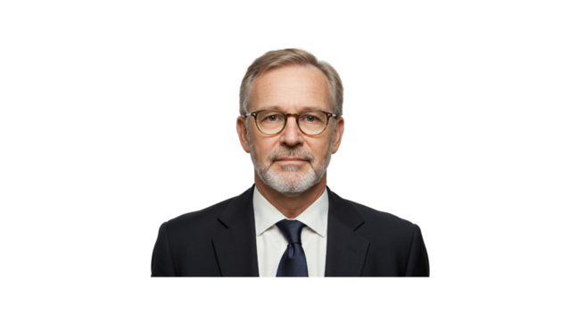 Professional headshot of mature businessman with glasses and beard in suit for corporate website profile on transparent background