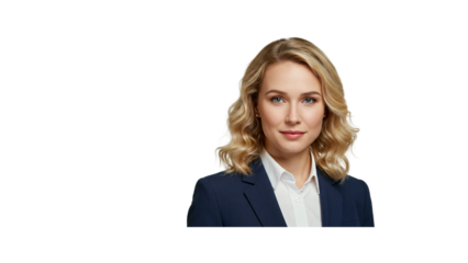 Professional headshot of a blonde woman in a suit for business profile or corporate website design needs on transparent background