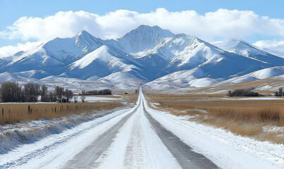 Snowy Mountain Range with a Winding Road