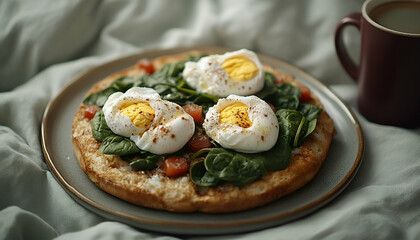 Soft Poached Eggs with Spinach and Smoked Salmon on Flatbread