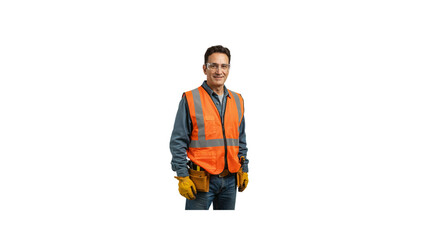 Construction worker portrait wearing safety vest and glasses for building site project management job role on transparent background