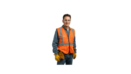 Construction worker portrait wearing safety vest and glasses for building site project management job role on transparent background