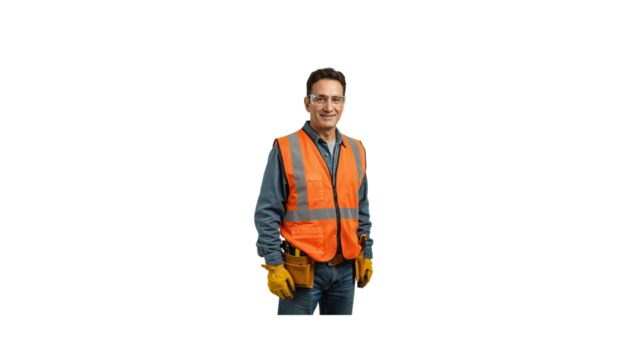 Construction worker portrait wearing safety vest and glasses for building site project management job role on transparent background