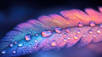 Vibrant feather with dew drops