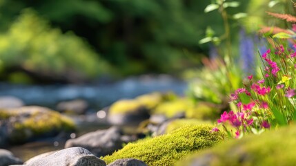 Serene stream flowing through vibrant moss and blooming flowers in a lush green landscape