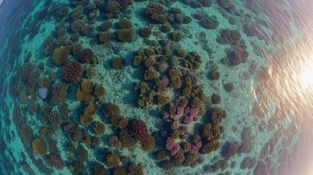 Coral reef ecosystem showing vibrant marine life and sunlight reflections