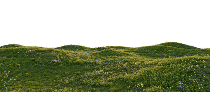 Hills with grass on a transparent background. 3D rendering.