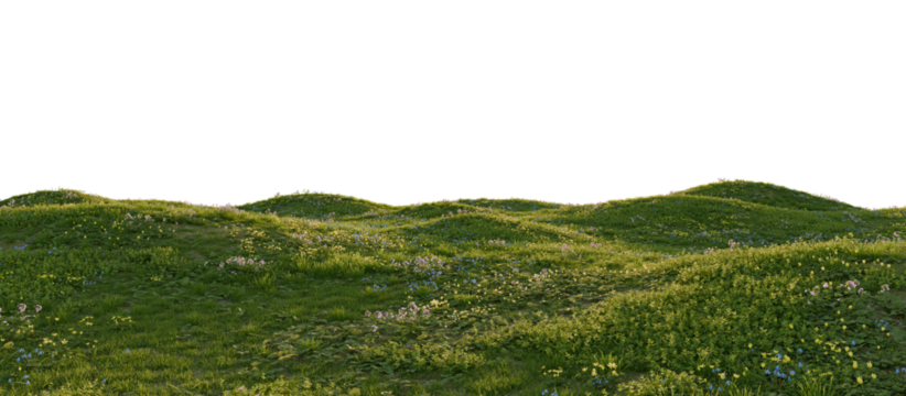 Hills with grass on a transparent background. 3D rendering.