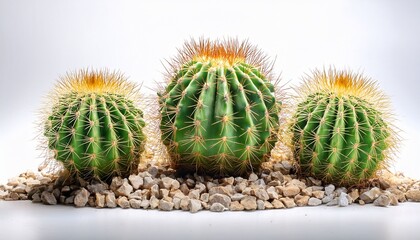 three green spiky cacti in gravel isolated on a white background