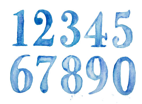 Set of colorful watercolor numbers. Blue numbers isolated. Hand draw.
