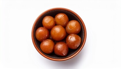 delicious gulab jamun in a bowl seen from above top view isolated on a white background