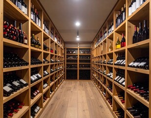 Obraz premium Well-Stocked Wine Cellar Shelves Lined With Diverse Bottles