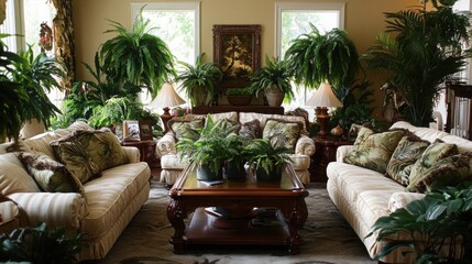 Lush Living Room Retreat Featuring Exotic Indoor Garden and Elegant Furnishings