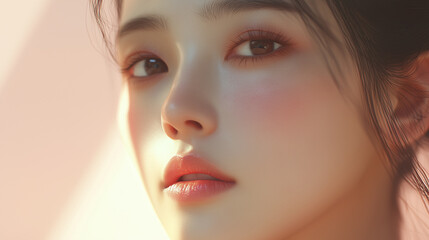 A close-up of a woman&rsquo;s face with soft lighting, highlighting her smooth skin, subtle makeup, and gentle expression. Her hair is dark, and the background is blurred, creating a serene and intimate