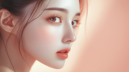 Fototapeta premium A close-up of a woman’s face with soft lighting, highlighting her features and creating a serene and contemplative mood.