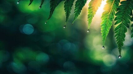 Lush green ferns with water droplets glistening in sunlight against a blurred forest backdrop