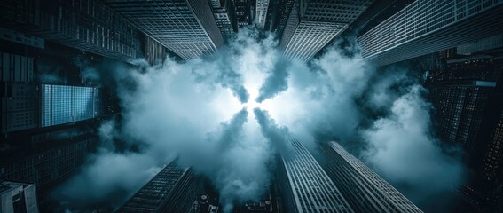 Urban Skyline Pierced by a Dense, Misty Cloud