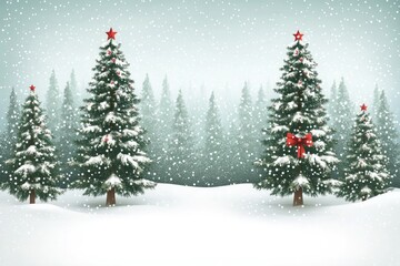 Snowy winter forest scene with Christmas trees.  Frosted evergreen trees stand in a snowy landscape, adorned with red ornaments and a red bow. Soft snowfall creates a serene winter wonderland