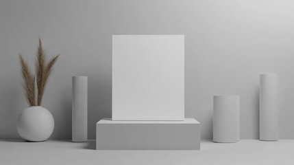 Blank white poster mockup minimalist studio scene cylinders dried flowers gray background
