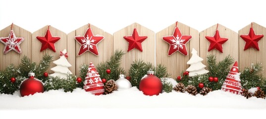 Christmas decorations arranged on a rustic wooden fence, adorned with red stars, white Christmas trees, and red ornaments, all resting on a bed of snow
