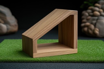 Wooden triangular display shelf, light brown, simple, modern design, for small items