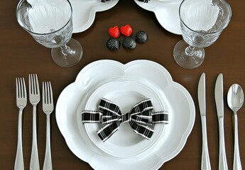 Formal, elegant place settings on a dark wooden table.  White plates with decorative bows, clear glasses, silverware, and small red and black candies