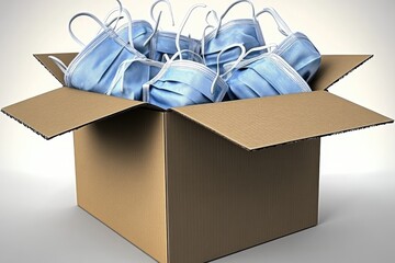 A cardboard box overflowing with light-blue face masks.  Many masks are visible within the box, their strings loosely hanging