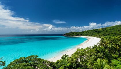 Fototapeta premium scenic tropical coastline with turquoise water white sand beach and lush green vegetation