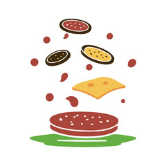 Fast food burger with cheese pizza slice sandwich and sausage in cartoon vector style