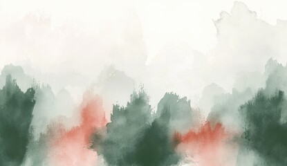 Abstract watercolor landscape painting, featuring soft, blended colors of muted greens, peaches, and greys.  Misty, hazy, and textured