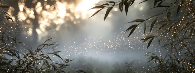 Misty dawn in a tranquil forest, with glittering particles