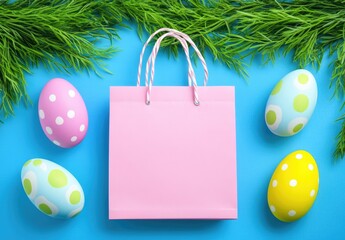 Pink shopping bag with colorful Easter eggs on a blue background.  Fresh greenery borders the arrangement
