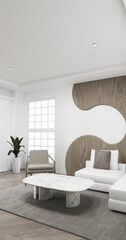mock up empty living room and art wood panels wall background 3D illustration rendering