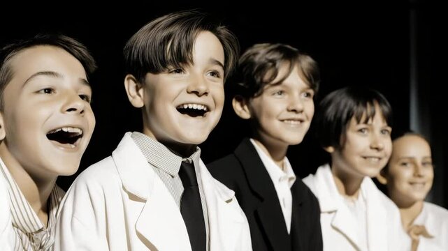 Close-up of young children performing on stage, showing a range of dramatic emotions in theater rehearsal or play. AI generative 4K video.