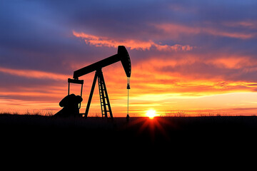 Oil rig silhouetted against a vibrant sunset in a petrochemical landscape