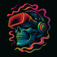 Skull Wearing Vr Headset with Colorful Lines Illustration on Dark Background