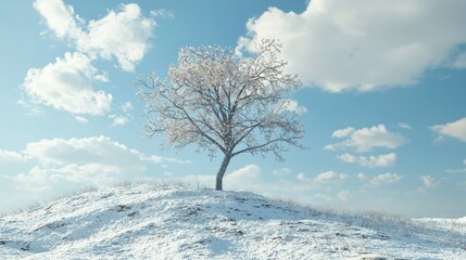 Solitary tree atop a snowy hill under a bright sky.