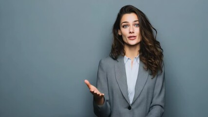 A confident woman in a gray blazer gestures warmly, embodying professionalism, communication, and approachability against a clean, minimalist background.