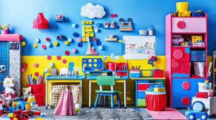 Vibrant children's playroom with colorful storage and furnishings.