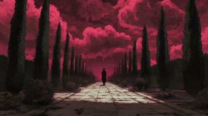 Naklejka premium A solitary figure journeys through a crimson, lined avenue.