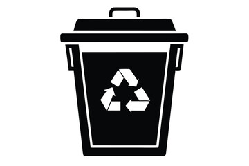 A solid black recycle bin prominently displays a white universal recycling symbol clearly