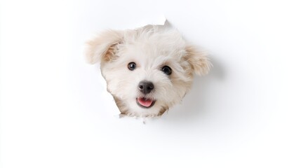Obraz premium White Maltese Puppy Peeking from Torn Paper Hole - Sweet Canine Portrait Concept.