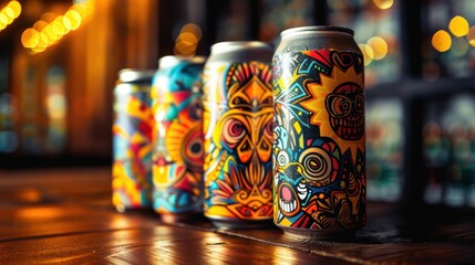 Colorful craft beer cans lined up