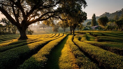 Naklejka premium Sunrise over terraced tea fields