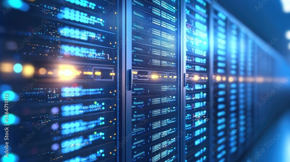 Poster Blue glowing server racks in a dimly lit data center corridor, representing digital networks, data processing, cloud infrastructure, and high performance computing systems