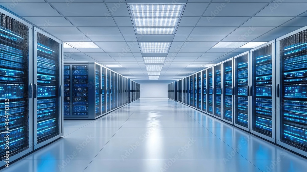 Poster Symmetrical blue data center interior with glowing lights, highlighting digital infrastructure, cloud computing, and enterprise data management in a futuristic setting