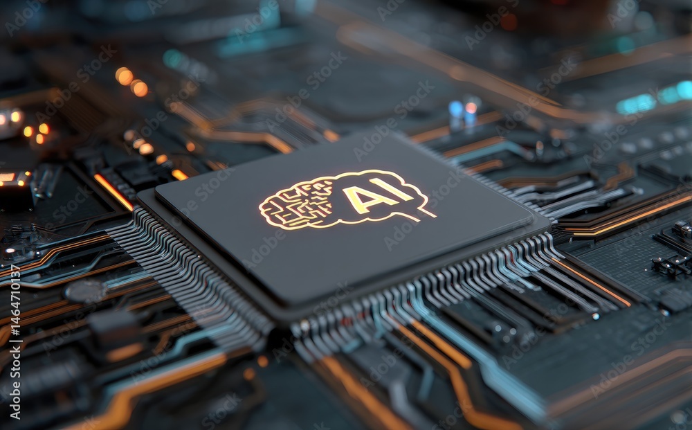 Poster Digital AI microchip glowing on a circuit board, representing neural network processing, artificial intelligence computing, and advanced electronic hardware design