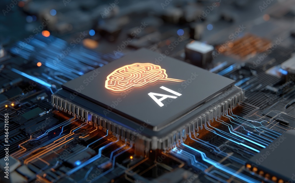Aufkleber Futuristic AI processor chip glowing on a digital circuit board, emphasizing artificial intelligence, neural processing, and modern technological components