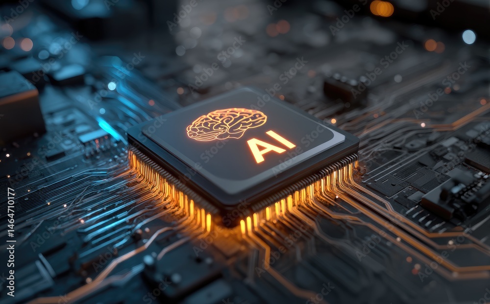 Fototapete 3D AI processor unit glowing on futuristic motherboard, symbolizing innovation in artificial intelligence, advanced computing, and neural processing architecture